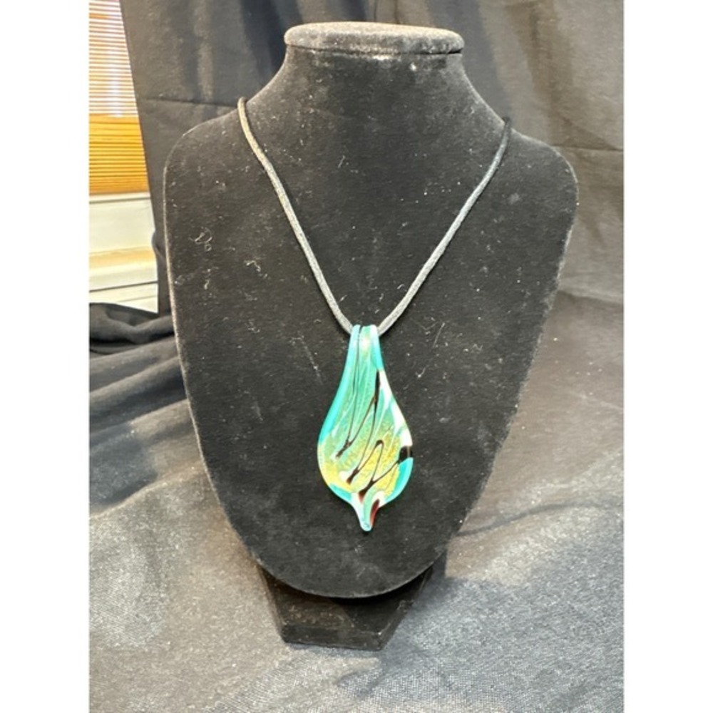 Murano‎ Glass Leaf Pendant Necklace Blue Green Yellow with 24k Gold inside
